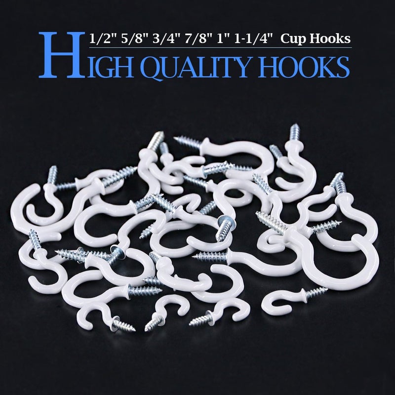 Glarks 100-Pieces 6 Sizes White Vinyl Coated Cup Hooks Screw-in Ceiling Hooks Screw Hooks Mug Hooks Hangers Assortment Kit for Home and Office Use - Image 3